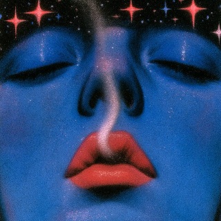 A blue face with closed eyes under red stars, a thin wisp of breath rising. 4-7-8 Breathing in Pulmonaut.