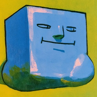A calm blue cube with a face, painted on yellow. Box Breathing in Pulmonaut.